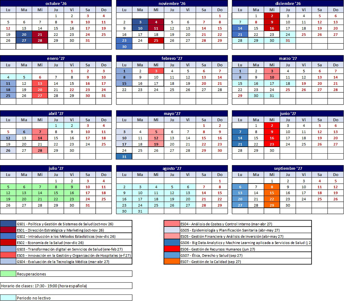 Cronograma del Máster en Gestión Sanitaria 2026 - 2027 - CIEGS UPV